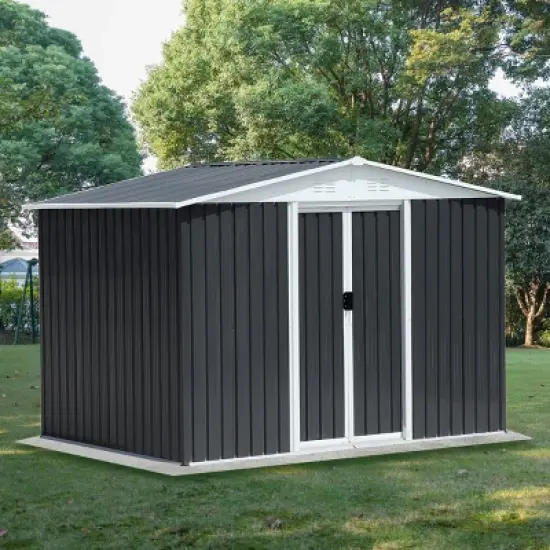 8x6 FT Outdoor Storage Shed with Sloped Roof and Lockable Doors, Weather-Resistant Metal Tool Shed for Backyard or Garden&ndash;The Pop Home image {6}