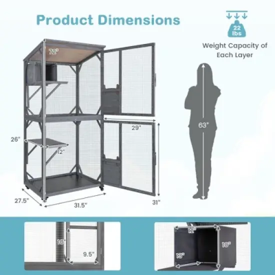 Tangkula Wooden Cat House 72" Indoor Outdoor Kitten Enclosure Kennel Condo on Wheels Grey image {8}