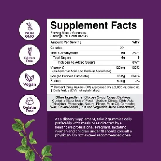 Super Iron Gummy, Chewable Iron Supplement for Women and Men with Vitamin C for Higher Absorption, Grape Flavor, Nature's Craft, 90ct image {2}