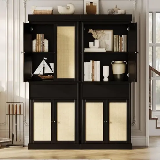 Freestanding 69" Tall Storage Kitchen Pantry Cabinet with Rattan Doors and Adjustable Shelves, Cupboard with Drawer for Bathroom, Living Room image {6}