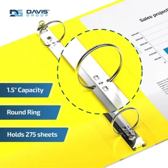 Davis Group 6pk 1.5" Premium Economy Round Ring Binders Yellow: Hard Cover, 275 Sheet Capacity, 2 Pockets, Polypropylene image {2}