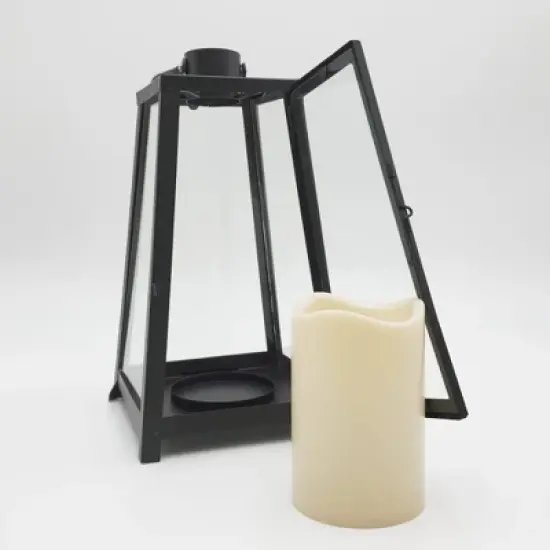 LumaBase Metal Lantern with Battery-Operated Candle - Black Tapered image {7}