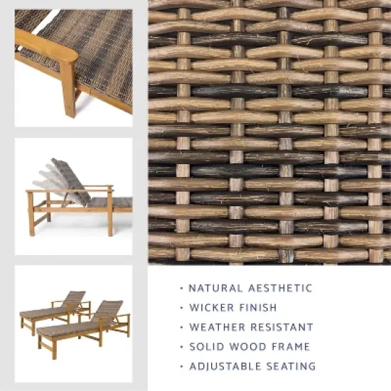 Christopher Knight Home Savannah Outdoor Acacia Wood and Wicker Adjustable Chaise Lounges (Set of 2) image {3}