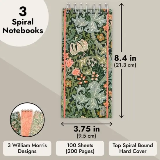 The Gifted Stationery 3-Pack William Morris Long Top Spiral Lined Notepads Notebooks, 200 Pages, 8.4 x 3.75 in image {3}