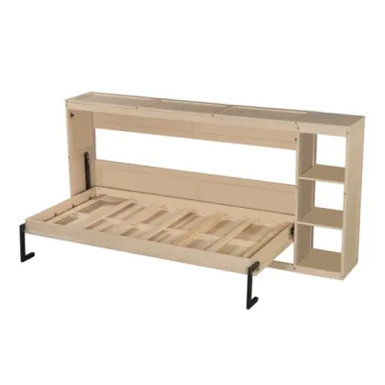 Twin/Full Size Murphy Bed Multifunctional Foldable Platform Bedframe with Bookshelf, Natural/White-ModernLuxe image {9}