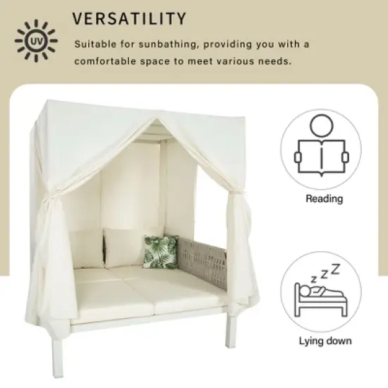 Outdoor Patio Rattan Canopy Daybed Sunbed with Curtain and Woven Rope Arm image {13}