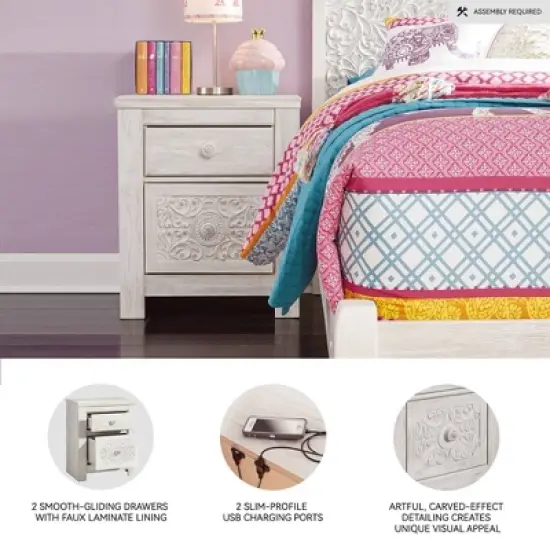 Paxberry Two Drawer Nightstand White Wash - Signature Design by Ashley: Traditional Style, USB Port, Storage Function image {2}