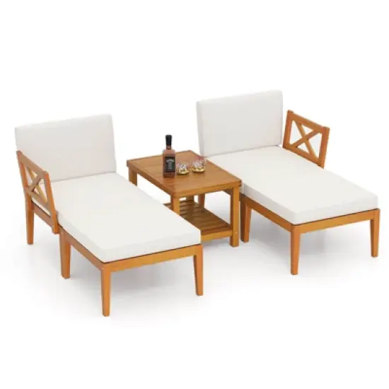 Costway 5 PCS Acacia Wood Patio Chaise Lounge Chair Set with 2-Tier Coffee Table Cushions image {1}