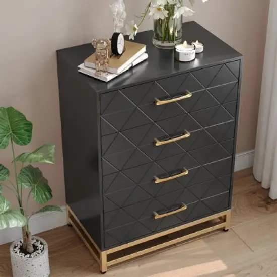Dresser for Bedroom with 4 Drawer, Modern Dressers Chest of Drawers, with Wide Drawers and Metal Handles, Wood Dressers, Black image {3}