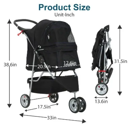 BestMassage Pet Stroller 3/4 Wheels Dog Cat Stroller Jogger Stroller with Removable Liner and Cup Holder Travel Folding Carrier image {6}