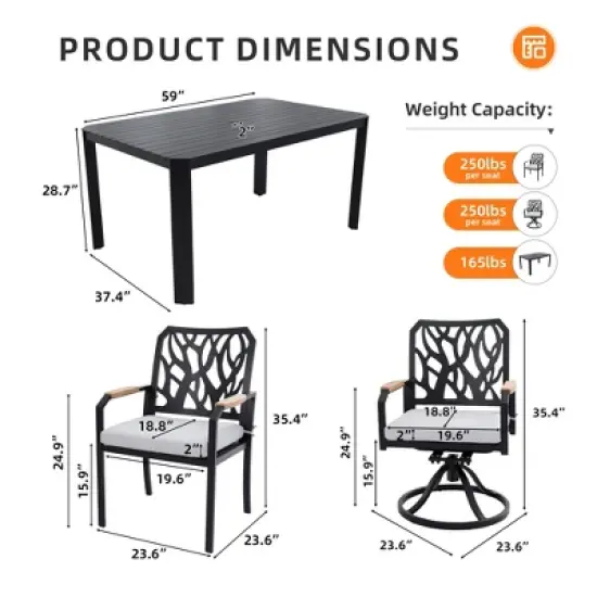 7-Piece Outdoor Patio Aluminum Dining Set with 59" Rectangular Table, 2 Swivel Rocker & 4 Armchairs, and Umbrella Hole image {7}
