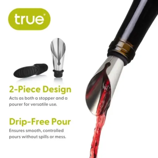 TRUE Duo Wine Pourer and Stopper, Bottle Sealer, Drip Free Pourer, Wine Cork Spout, 2-Piece Design, Silicone and Stainless Steel image {3}