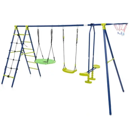 Costway Swing Set for Backyard with 2 Height Adjustable Swings Glider Basketball Hoop image {10}