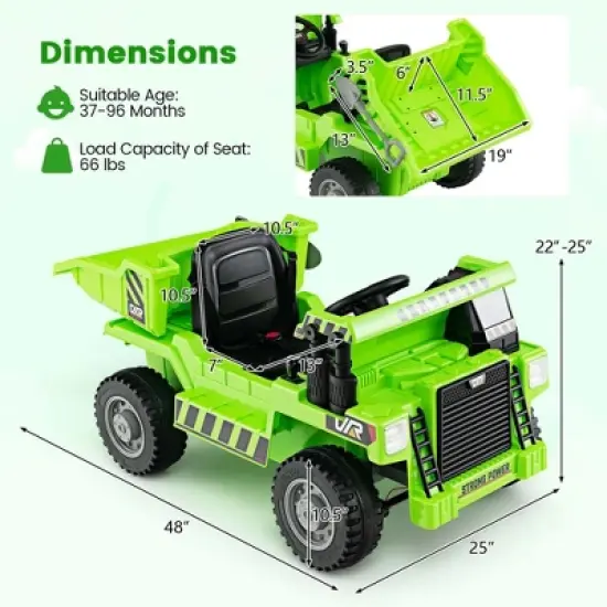 Costway Kids Ride-On Dump Truck with Wireless Connection Music LED Lights Soft Start Green/Yellow image {2}