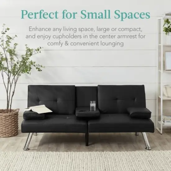 Best Choice Products Modern Faux Leather Convertible Futon Sofa w/ Removable Armrests, Metal Legs, 2 Cupholders image {5}