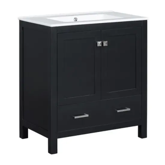 30 Inch Solid Wood Frame Bathroom Vanity with Single Sink, 2 Doors and a Drawer image {11}