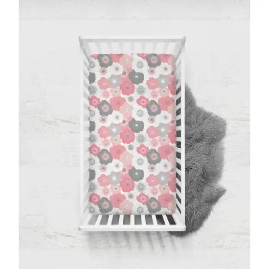 Bacati - Floral Printed Coral Gray 100 percent Cotton Universal Baby US Standard Crib or Toddler Bed Fitted Sheet image {2}