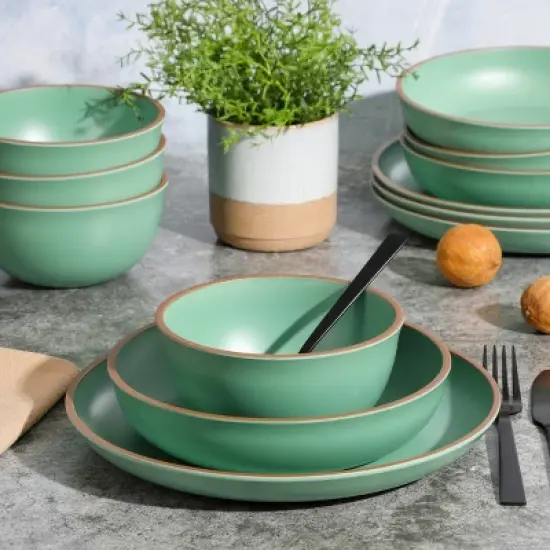 Gibson Home Rockabye 12 Piece Double Bowl Melamine Dinnerware Set in Green image {2}