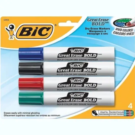 Bic Great Erase Bold Tank-Style Dry Erase Marker Chisel Tip Assorted 4/Pack DECP41ASST image {2}