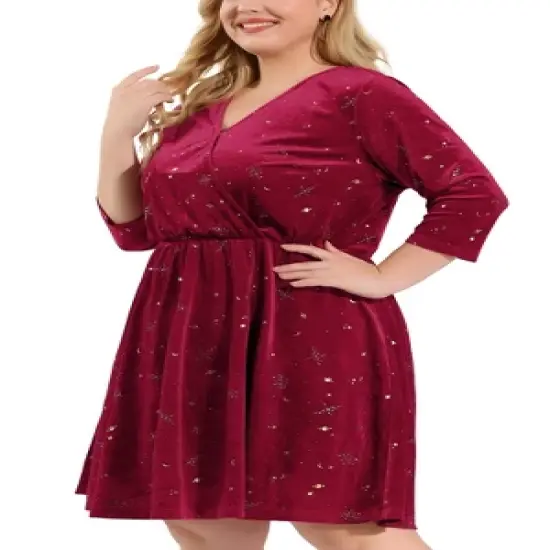 Agnes Orinda Women's Plus Size Velvet 3/4 Sleeve Elastic Waist Party Dress image {8}