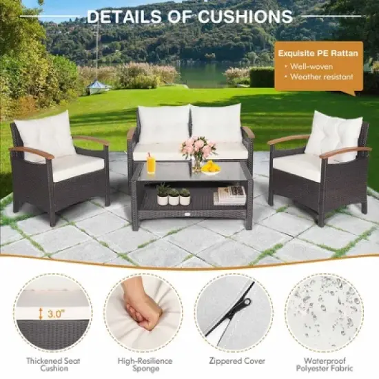Costway 4PCS Patio Rattan Furniture Set Cushioned Sofa Storage Table Off image {7}