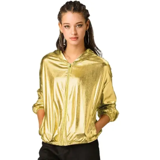 Allegra K Women's Holographic Shiny Long Sleeve Zipper Hooded Metallic Jacket image {11}