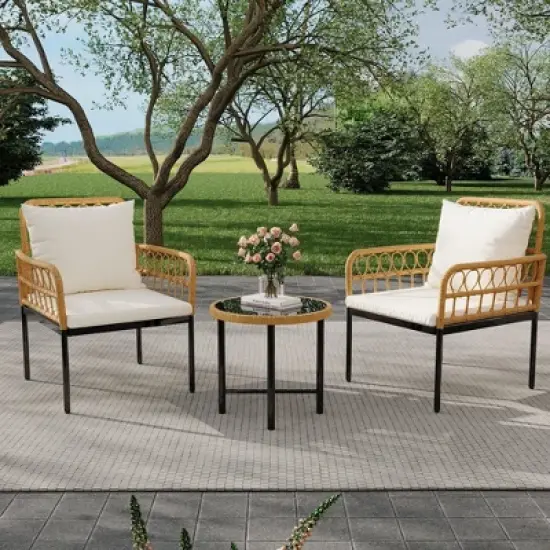 Wicker 3 Pieces Patio Bistro Sets Outdoor Conversation Sets with Glass Top Side Table and 2 Modern Rattan Chairs, for Backyard, Balcony, Lawn, Beige image {5}