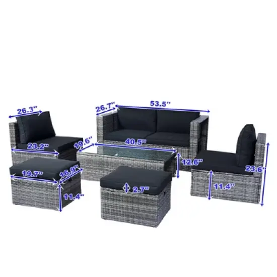 Rbied 6-Piece Wicker Outdoor Sofa Sectional Set Conversation Set with Black Cushions, Smart Storage Design image {9}