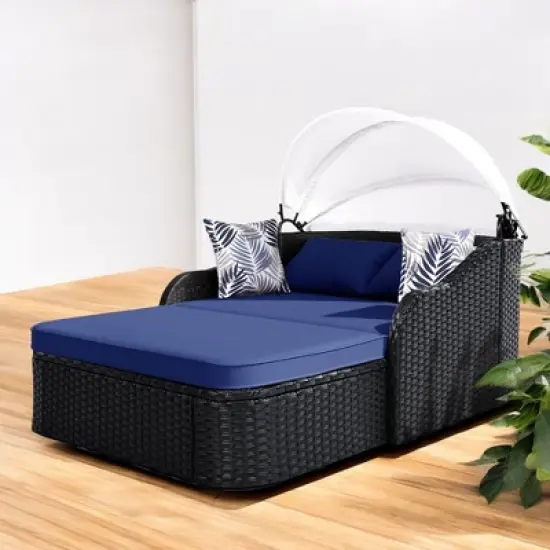 Mshliw 79.9" Outdoor Sun Lounger with Adjustable Canopy, Curved Armrests, and Pillows &ndash; PE Rattan Daybed for Patio, Deck, or Garden image {10}