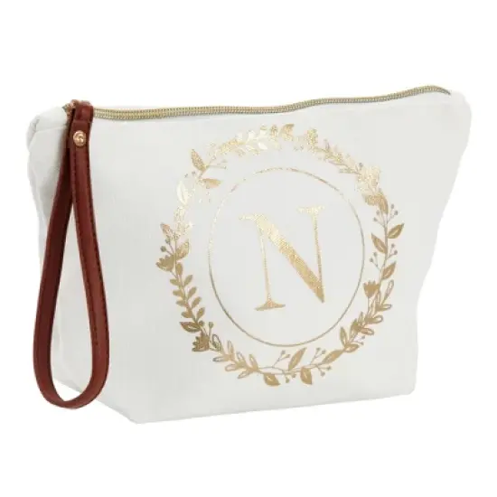 Glamlily Gold Initial N Personalized Makeup Bag for Women, Monogrammed Canvas Cosmetic Pouch (White, 10 x 3 x 6 In) image {8}