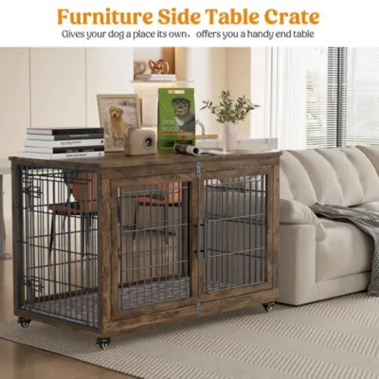 Gikpal Wooden Dog Crate Furniture, Stylish Dogs Kennel for Small to Extra Large, Double Door & A Cushion & 360&deg;Wheel, Metal, Chew-Proof, Dog Cage image {6}