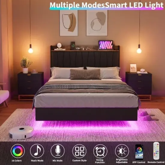Floating Bed Frame with LED Lights & USB Charging Station &ndash; Modern Upholstered Platform Bed with Headboard, Solid Wood Slats Support image {3}