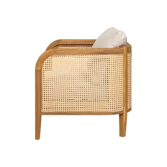 Christopher Knight Home Maciej Patio Rustic Acacia Wood Upholstered Club Chair with Rattan-Wrapped Frame, Teak/Beige image {3}