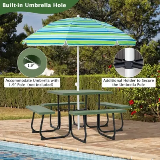 Tangkula 8-person Square Picnic Table Bench Set Outdoor Picnic Table with 4 Benches & Umbrella Hole 500 LBS Capacity Black/Grey/White/Green image {5}