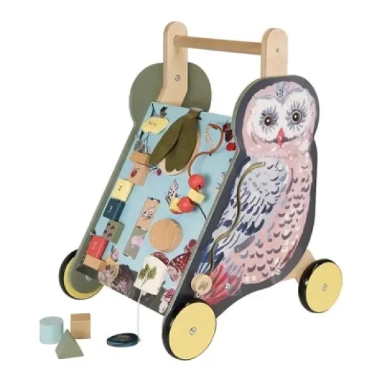 Manhattan Toy Wildwoods Owl Wooden Push Cart with Shape Sorter and Basket, Serrated Oval, Spinners, Bead Run and More image {2}