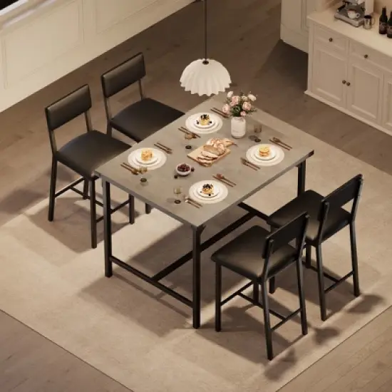 5-Piece Counter Height Dining Table Set for 4, Rustic Gray Kitchen Table with Footrest & Corner Guards, 4 Upholstered Bar Stools with Backrests image {2}