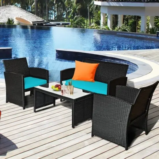 Costway 4PCS Patio Rattan Furniture Conversation Set Cushion Sofa Table Garden Turquoise\Navy image {11}
