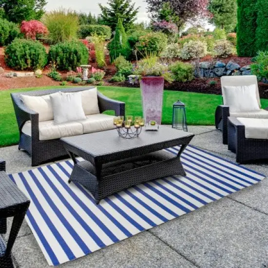 Northlight 4' x 6' Blue and White Striped Rectangular Outdoor Area Rug image {1}