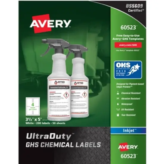 Avery UltraDuty GHS Chemical Labels for Pigment Inkjet Printers, Permanent Adhesive, Waterproof, UV Resistant, 3-1/2" x 5",  200  Labels (60523) image {9}