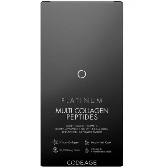 Codeage Multi Collagen and Biotin 10,000 mcg + Vitamin C Powder Supplement, B6 & D3 - Platinum - 30 Stick Packs image {1}