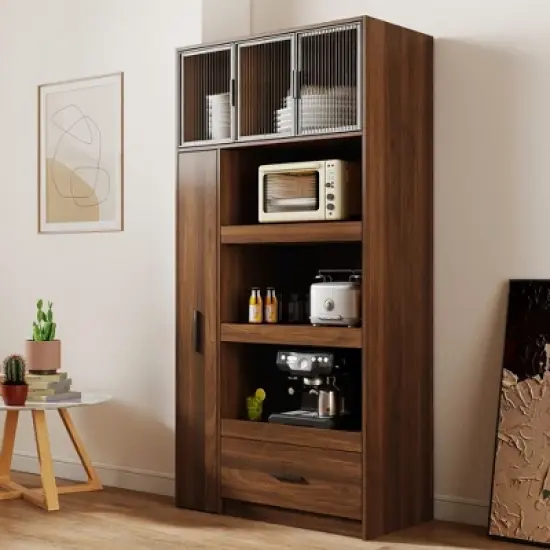 PDTEND 70.87" Freestanding Kitchen Pantry Cabinet with Pull-Out Multi-Tier Storage, Large Drawer, Aluminum Frame Glass Door - Walnut image {13}