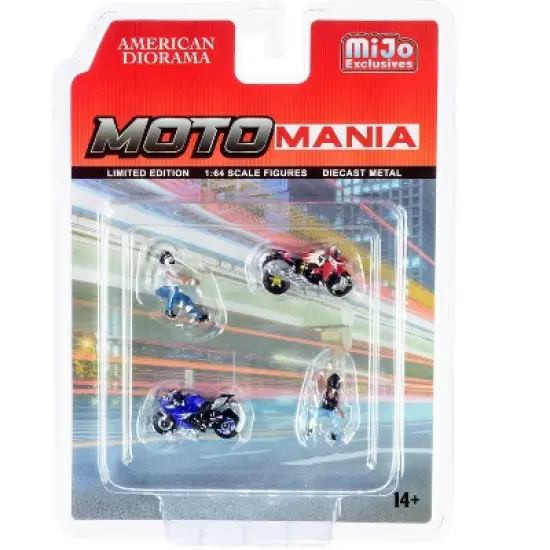 "Motomania" 4 piece Diecast Set (2 Figurines and 2 Motorcycles) for 1/64 Scale Models by American Diorama image {1}