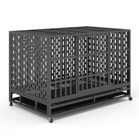 XBRIGH 48-Inch Heavy Duty Tin Dog Crate with Wheels, Sturdy Door Lock, Double Doors and Removable Tray Design image {3}