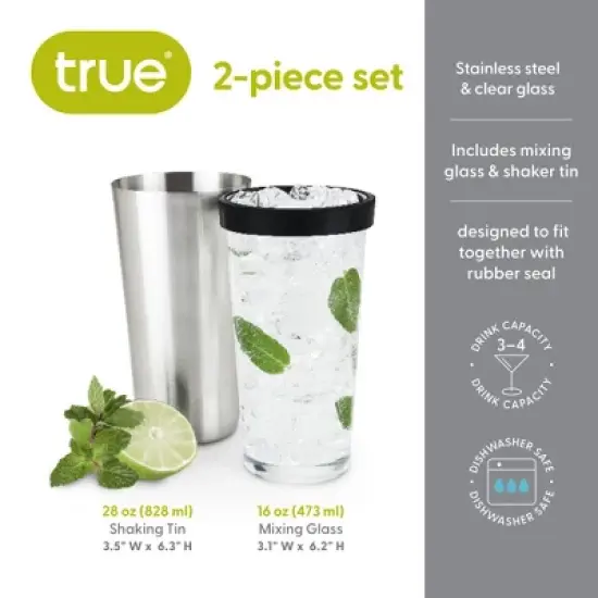 True Barkeep Boston Shaker, Stainless Steel Cocktail Tin & Mixing Glass with Rubber Seal and Measurements, 28 Oz and 16 Oz,  Set of 2 image {2}
