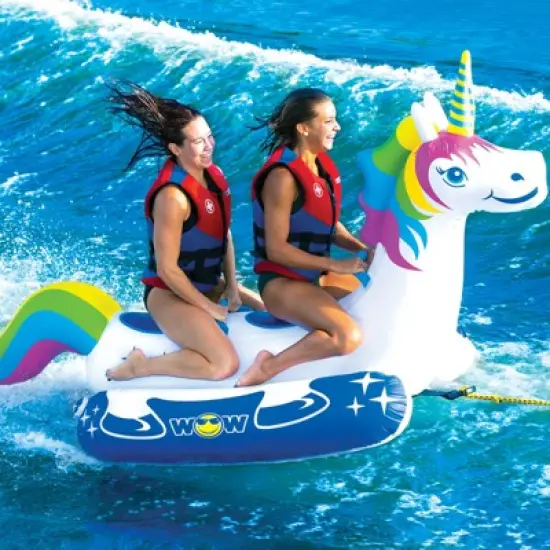 Wow Watersports Giant Rainbow Unicorn 2 Person Rider PVC Inflatable Pontoon Boating Ride On Lake Boat Towable Tube with 340 Pound Capacity image {1}