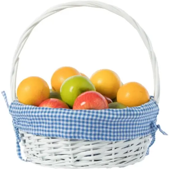 Traditional White Round Willow Gift Basket with Gingham Liner and Sturdy Foldable Handles, Food Snacks Storage Basket image {4}
