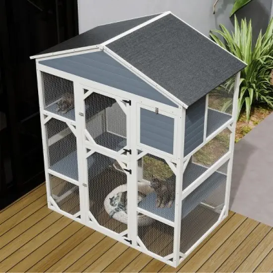 71" Wooden Outdoor Catio,Large Cat Enclosure with Waterproof Roof,3 Platforms And 2 Cozy Napping Houses-Maison Boucle image {2}