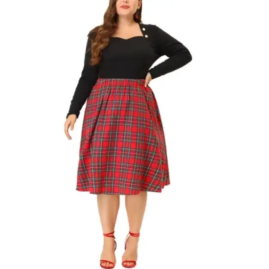 Agnes Orinda Women's Plus Size Velvet Plaid A-Line Elastic Waist Flare Skirts image {1}