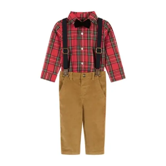 Andy & Evan  Infant  Boys Red Plaid Flannel Buttondown w/Suspenders Set image {4}