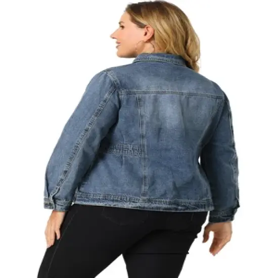 Agnes Orinda Women's Plus Size Classic Denim Washed Front Long Sleeve Jean Jackets image {4}